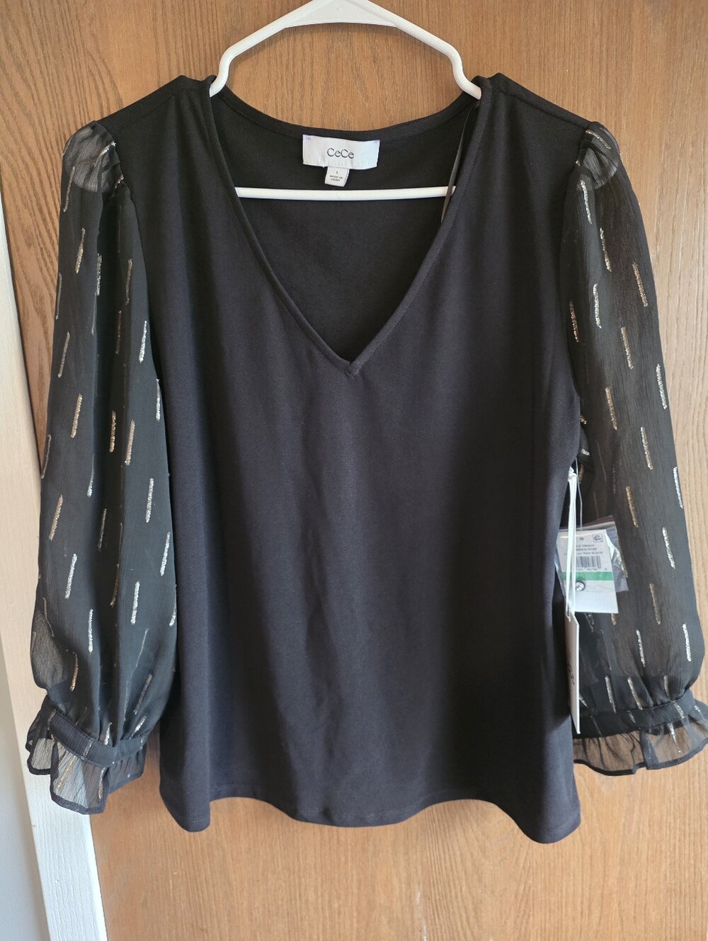 CeCe Black V-Neck Top with Metallic-Strip Sheer Sleeves